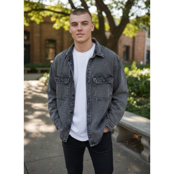 Y2K Grunge Black Acid Wash Denim Jean Shacket Forever 21 Men S Like New - Picture 1 of 7